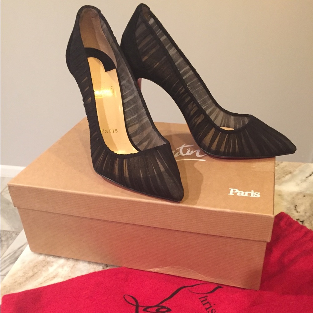 Christian Louboutin Follies Draperia Black Suede/Chiffon Heels Sz. 37